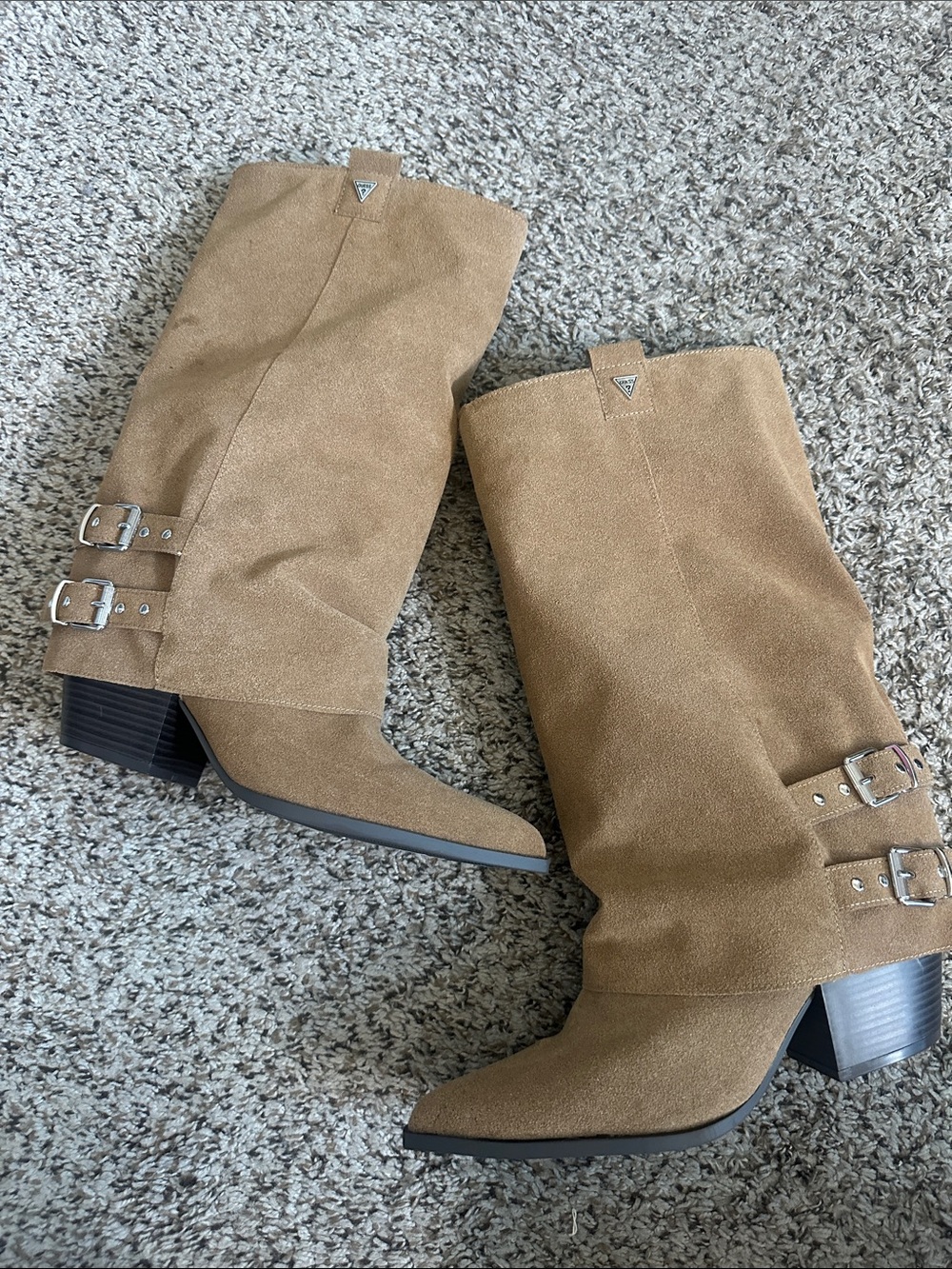 Guess Suede Knee-High Buckle Boots - Tan